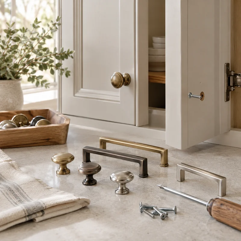 Illustrative Lux catalog scene: Replace Cabinet Knobs or Pulls