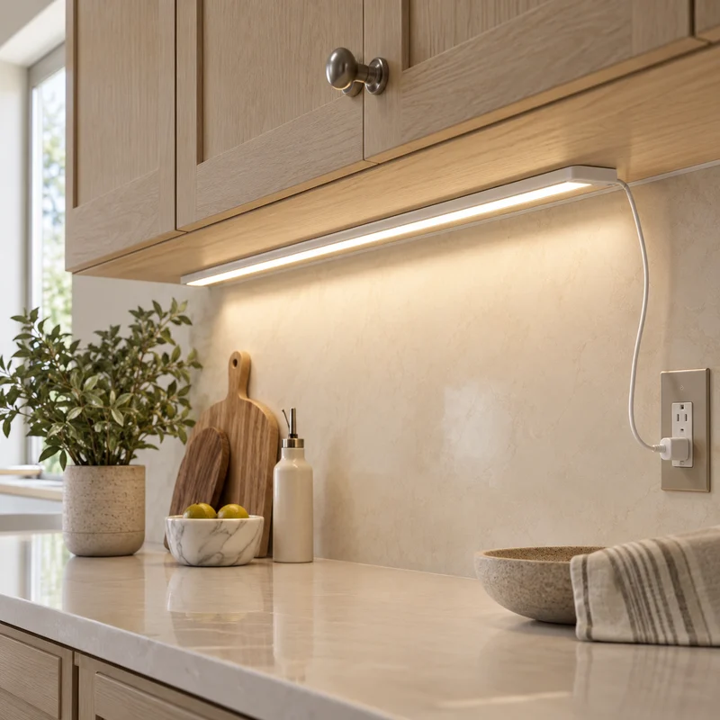 Illustrative Lux catalog scene: Install Plug-In LED Cabinet Strip