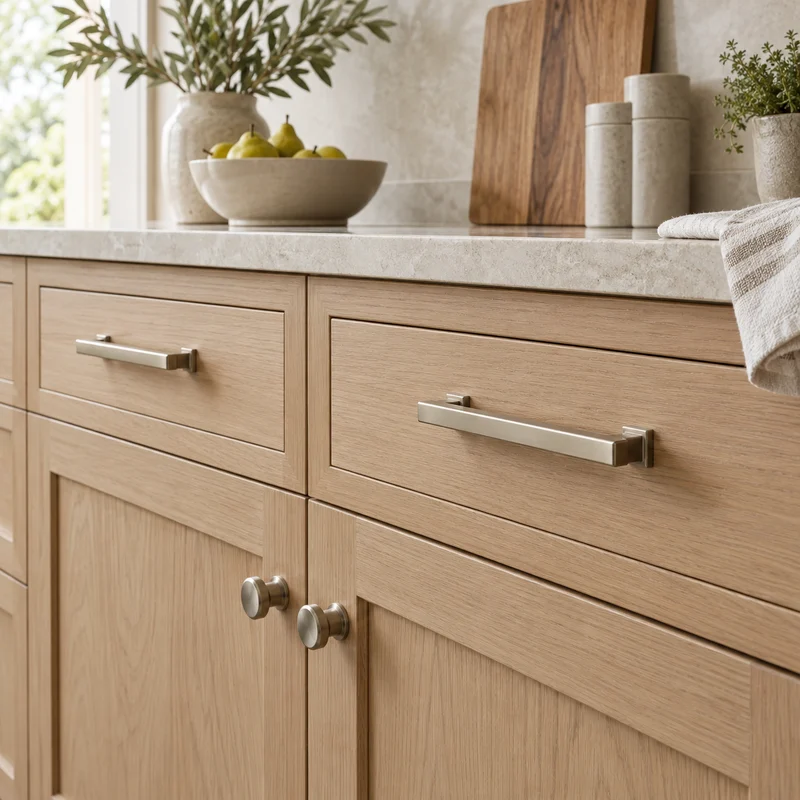 Illustrative Lux catalog scene: Install New Cabinet Hardware