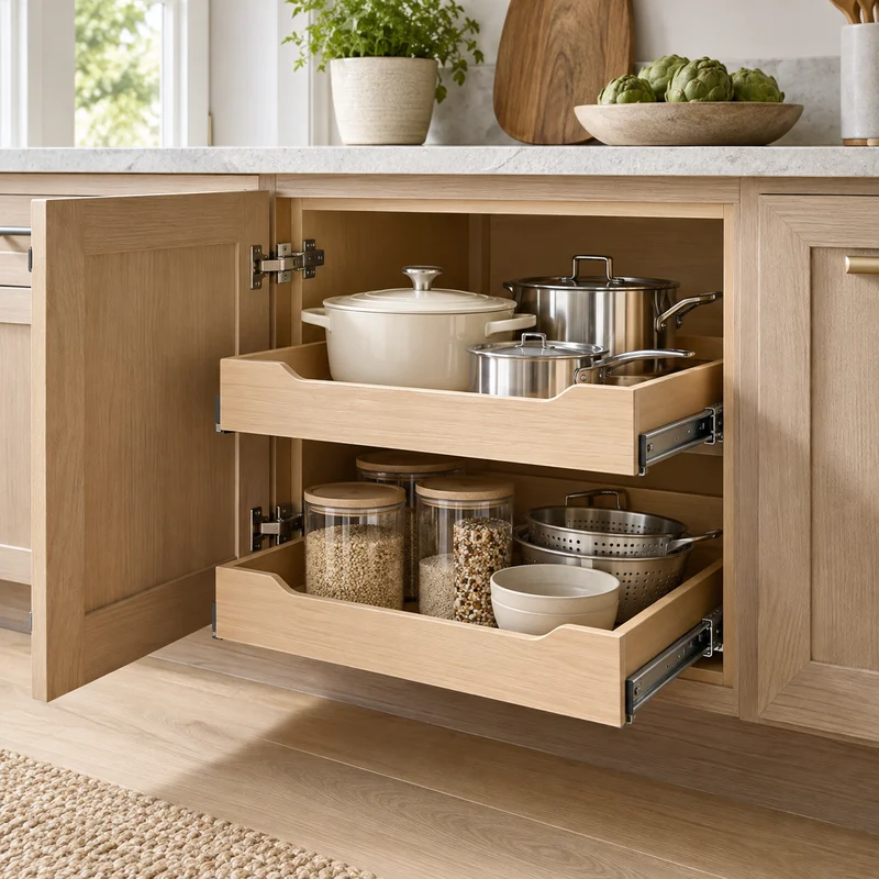 Illustrative Lux catalog scene: Install Pull-Out Cabinet Shelf