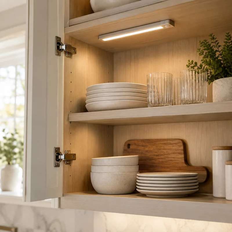 Illustrative Lux catalog scene: Install Rechargeable Cabinet Lights