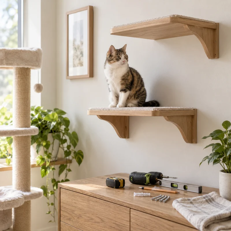 Illustrative Lux catalog scene: Install Cat Wall Shelf