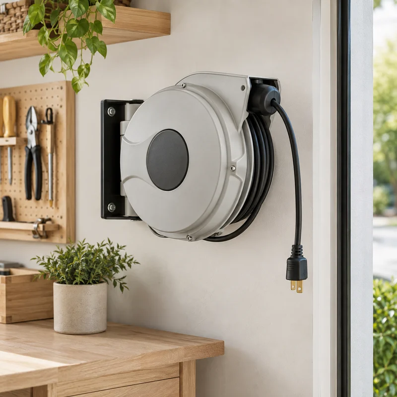 Illustrative Lux catalog scene: Install Wall-Mounted Cord Reel