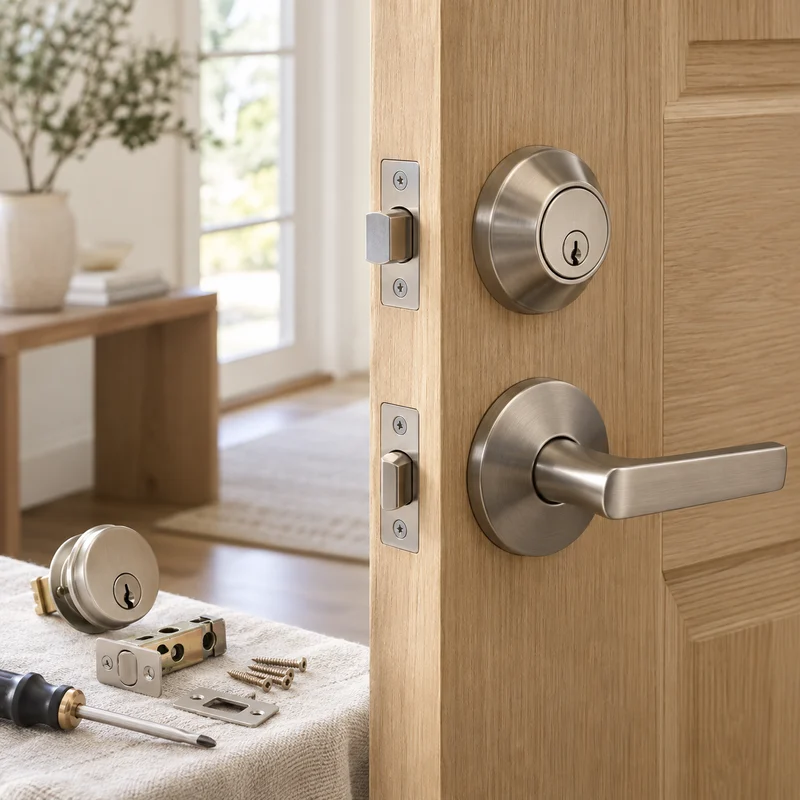 Illustrative Lux catalog scene: Replace Door Knob, Lever or Deadbolt