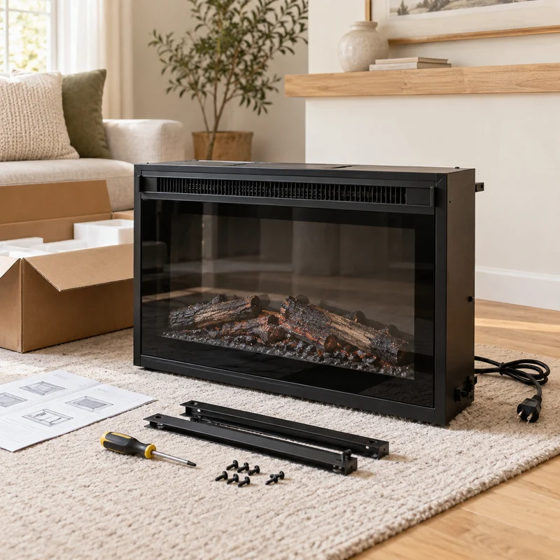 Illustrative Lux catalog scene: Assemble Plug-In Electric Fireplace