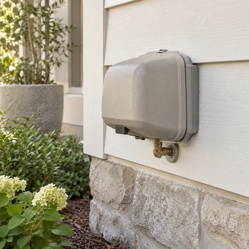 Illustrative Lux catalog scene: Install Exterior Faucet Cover