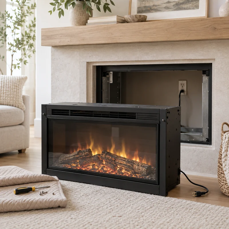 Illustrative Lux catalog scene: Replace Plug-In Electric Fireplace Insert