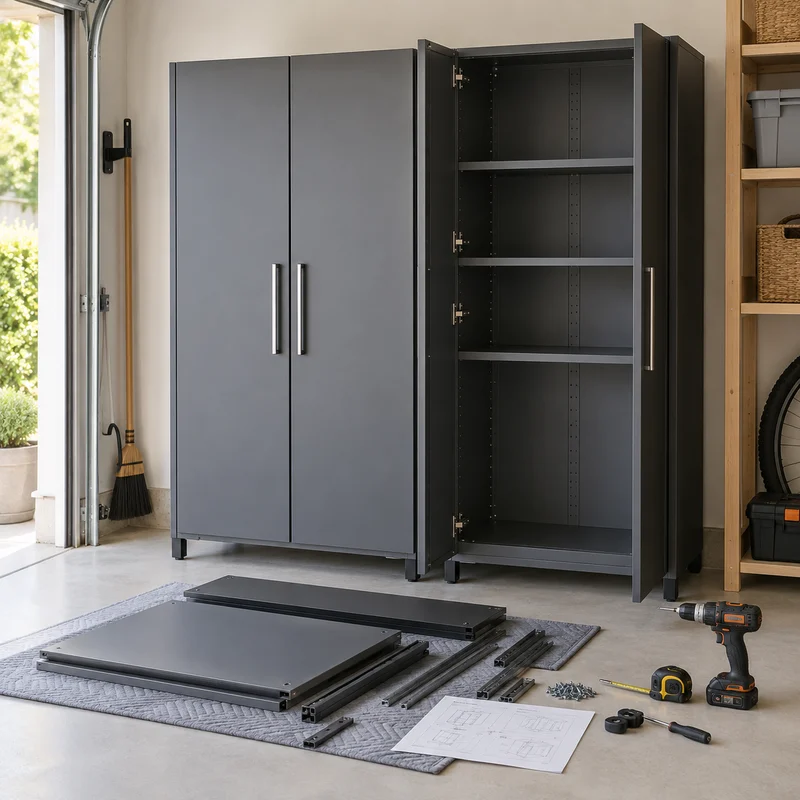 Illustrative Lux catalog scene: Assemble Garage Cabinet