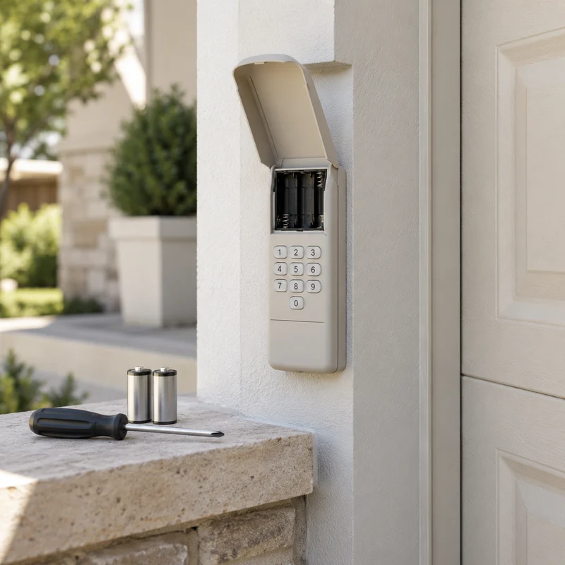 Illustrative Lux catalog scene: Replace Garage Keypad Battery