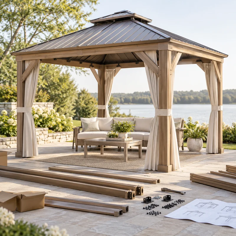 Illustrative Lux catalog scene: Assemble Gazebo Kit on Prepared Surface