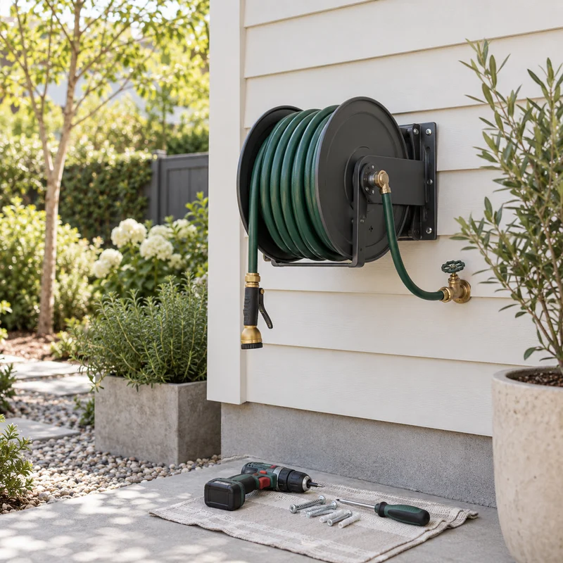 Illustrative Lux catalog scene: Install Wall-Mounted Hose Reel