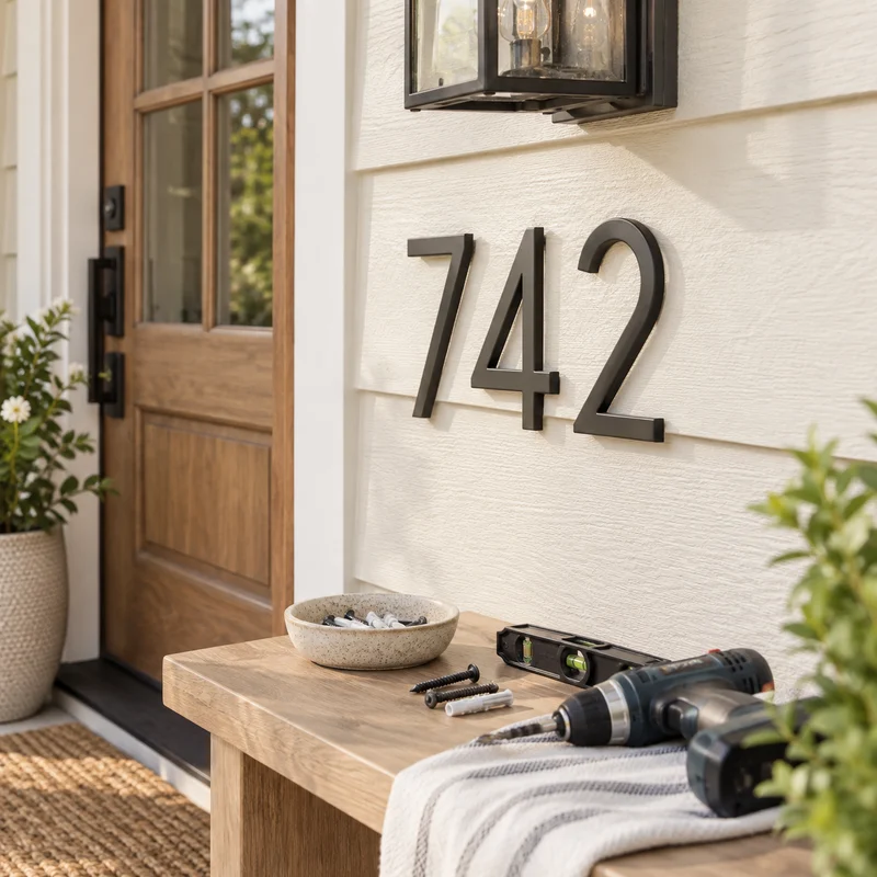 Illustrative Lux catalog scene: Install House Numbers or Address Plaque