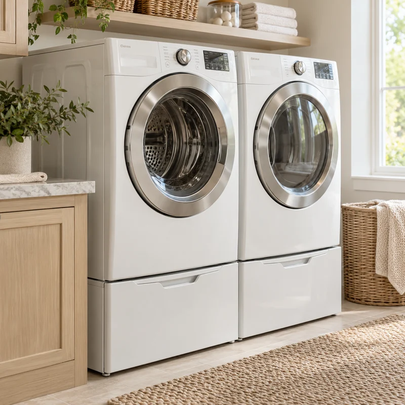 Illustrative Lux catalog scene: Install Laundry Pedestal