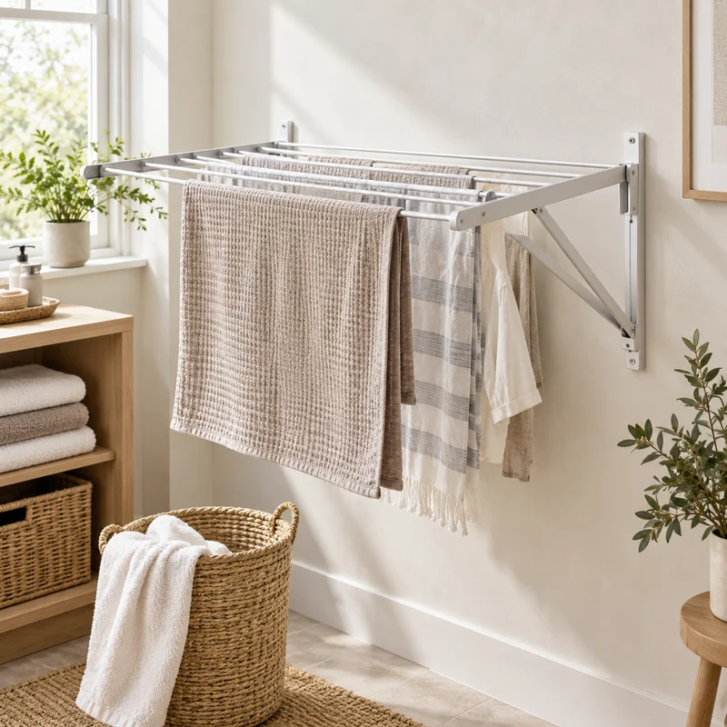Illustrative Lux catalog scene: Install Wall-Mounted Drying Rack