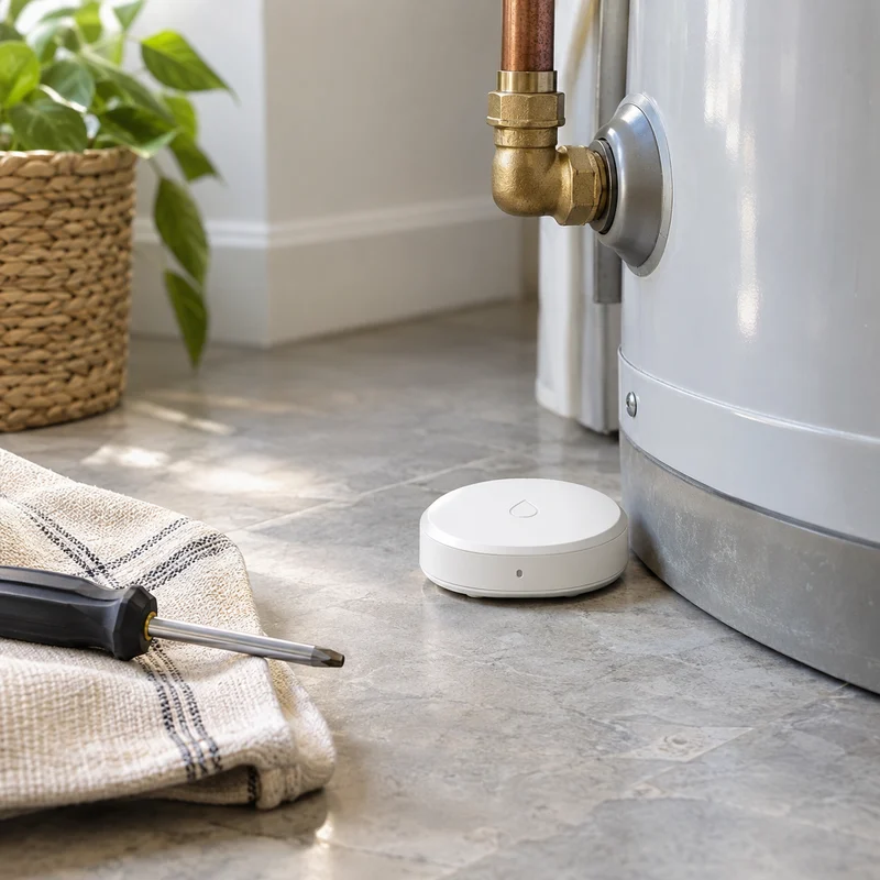 Illustrative Lux catalog scene: Install Smart Leak Sensor