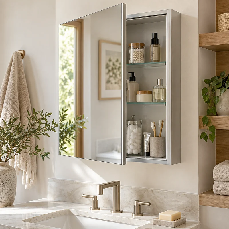 Illustrative Lux catalog scene: Install Surface-Mount Medicine Cabinet