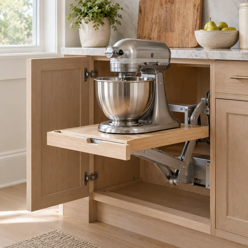 Illustrative Lux catalog scene: Install Cabinet Mixer Lift