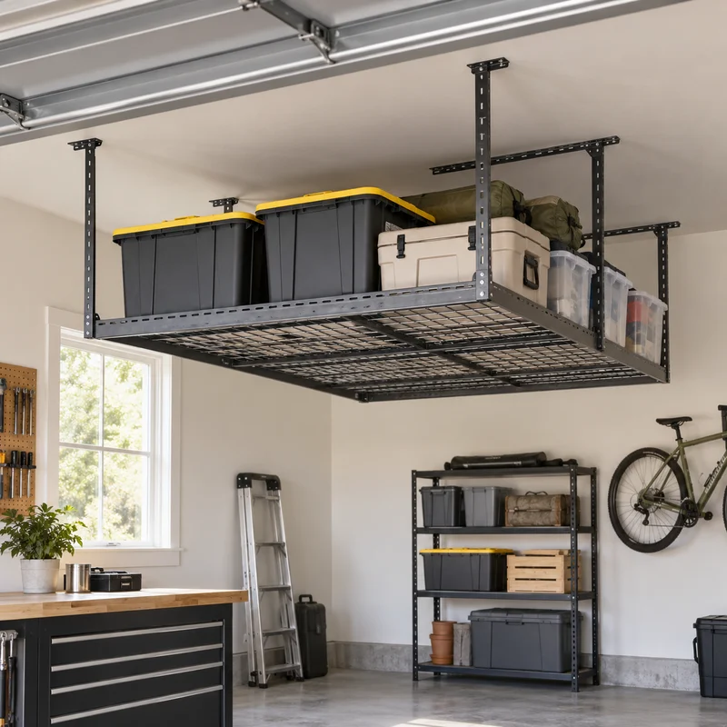 Illustrative Lux catalog scene: Install Overhead Garage Storage Rack