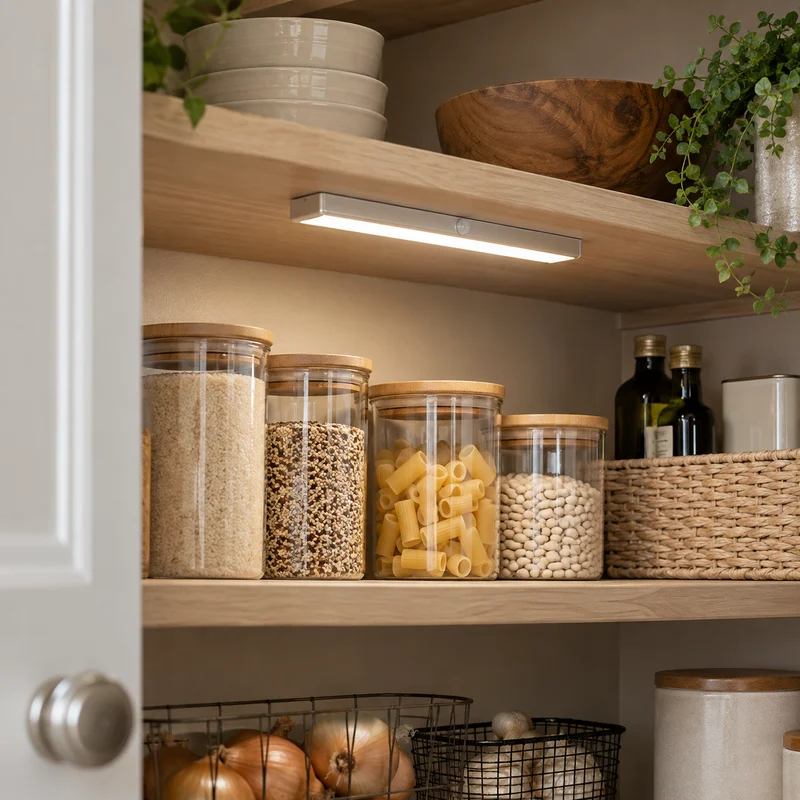 Illustrative Lux catalog scene: Install Pantry Motion Light