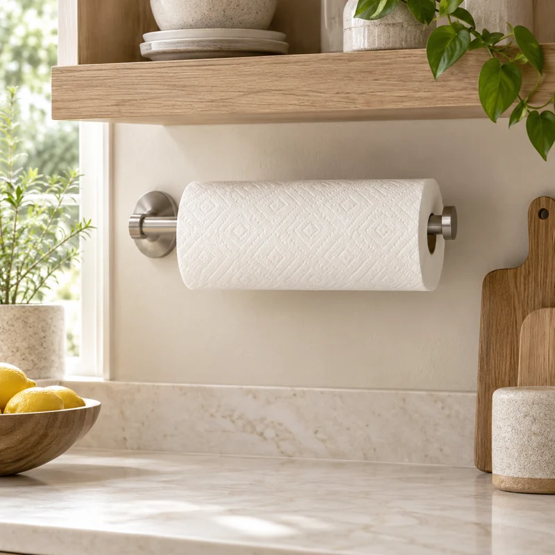 Illustrative Lux catalog scene: Install Paper Towel Holder