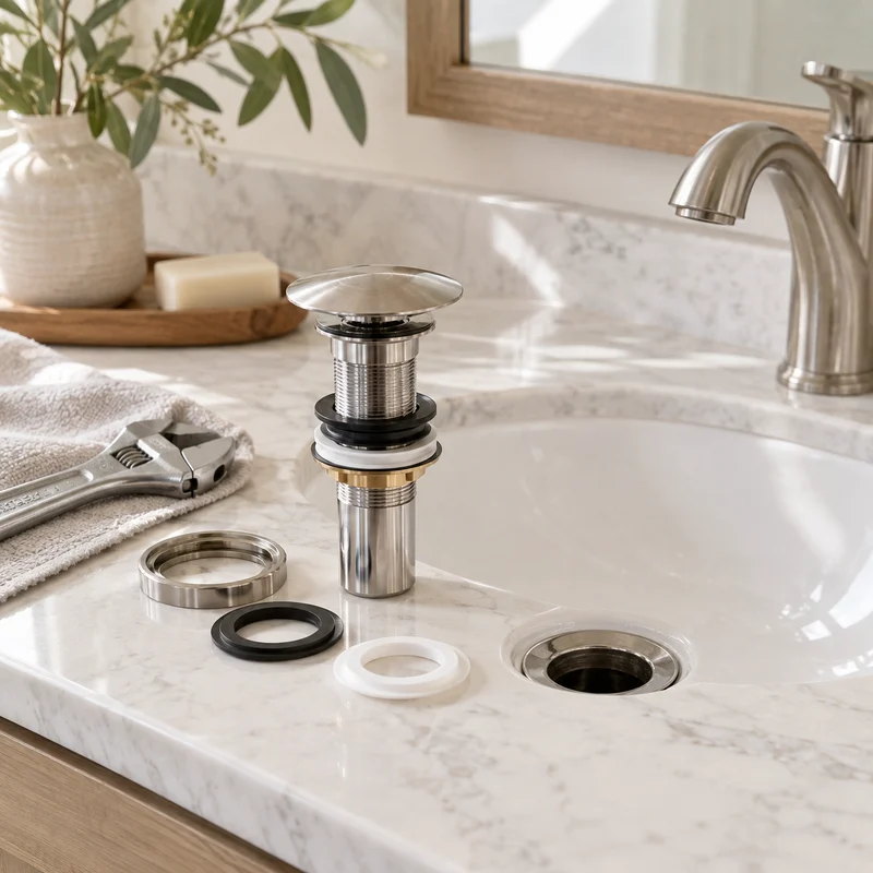 Illustrative Lux catalog scene: Replace Sink Pop-Up Drain