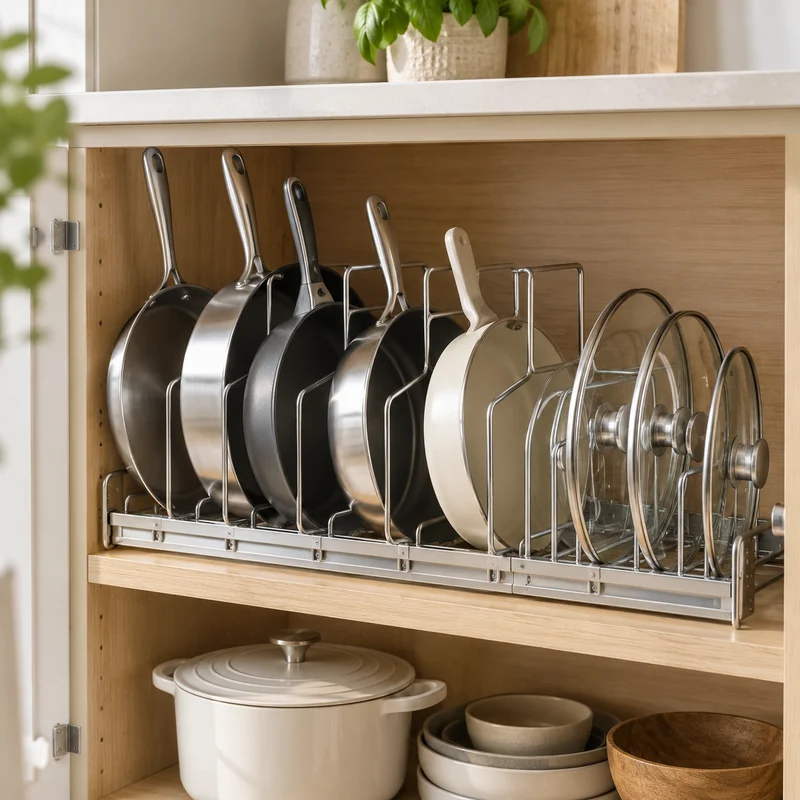 Illustrative Lux catalog scene: Install Pot or Pan Organizer