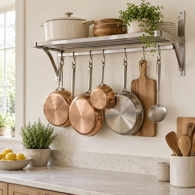 Illustrative Lux catalog scene: Install Wall-Mounted Pot Rack