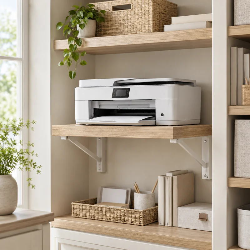 Illustrative Lux catalog scene: Install Printer Shelf
