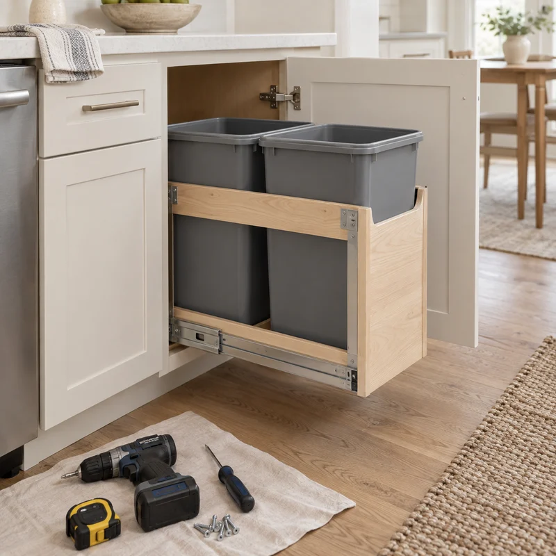 Illustrative Lux catalog scene: Install Pull-Out Trash System