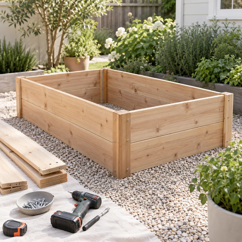 Illustrative Lux catalog scene: Assemble Raised Garden Bed
