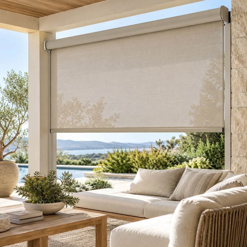 Illustrative Lux catalog scene: Install Outdoor Roll-Down Shade