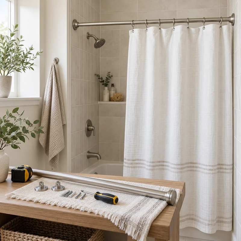 Illustrative Lux catalog scene: Install Shower Curtain Rod