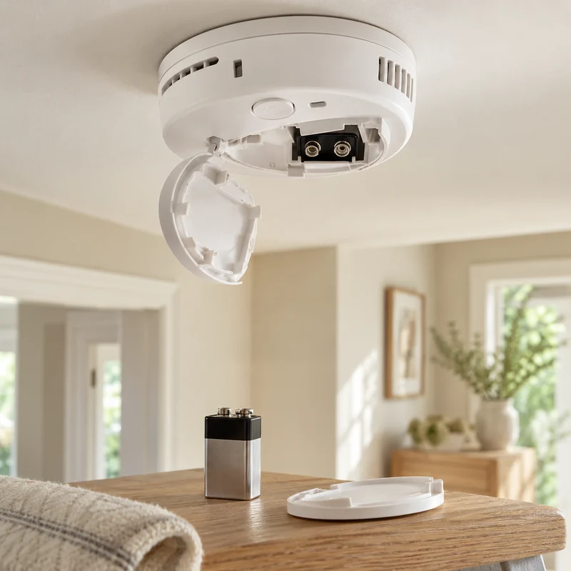 Illustrative Lux catalog scene: Replace Smoke / CO Detector Batteries