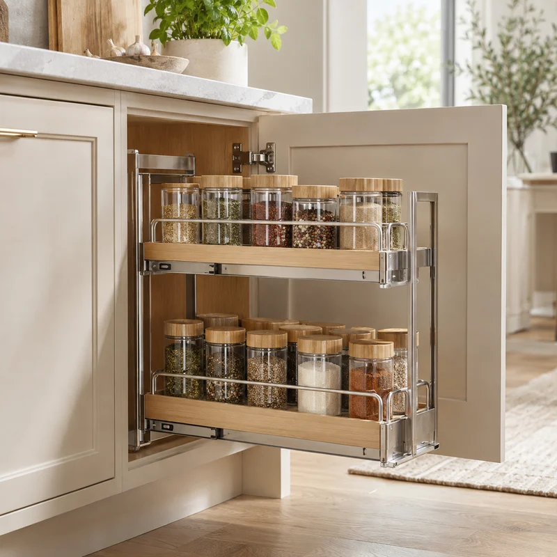Illustrative Lux catalog scene: Install Cabinet Spice Organizer