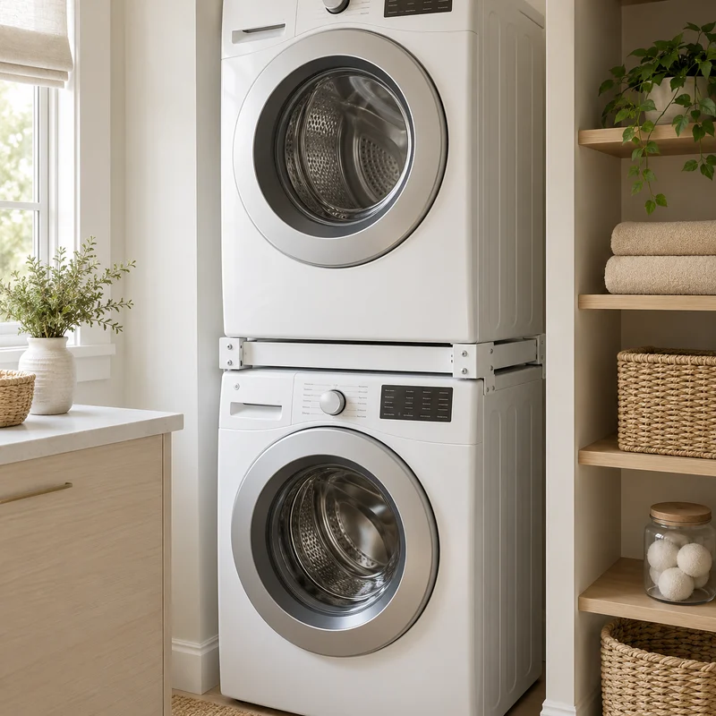 Illustrative Lux catalog scene: Install Washer / Dryer Stacking Kit