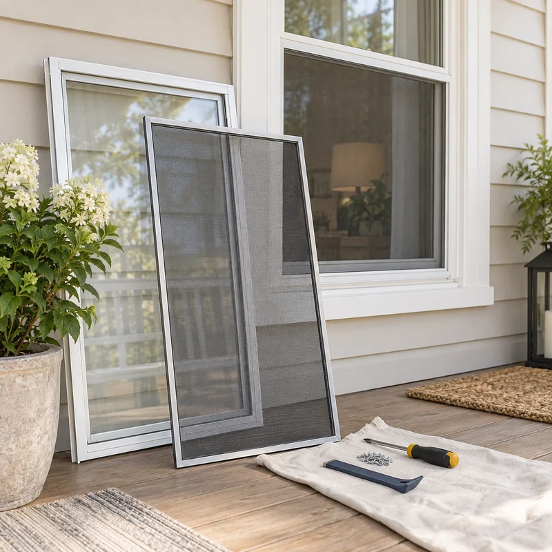 Illustrative Lux catalog scene: Swap Window Screens and Storm Inserts