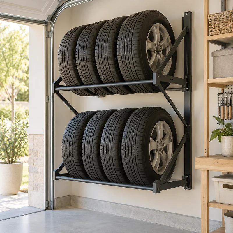 Illustrative Lux catalog scene: Install Garage Tire Rack