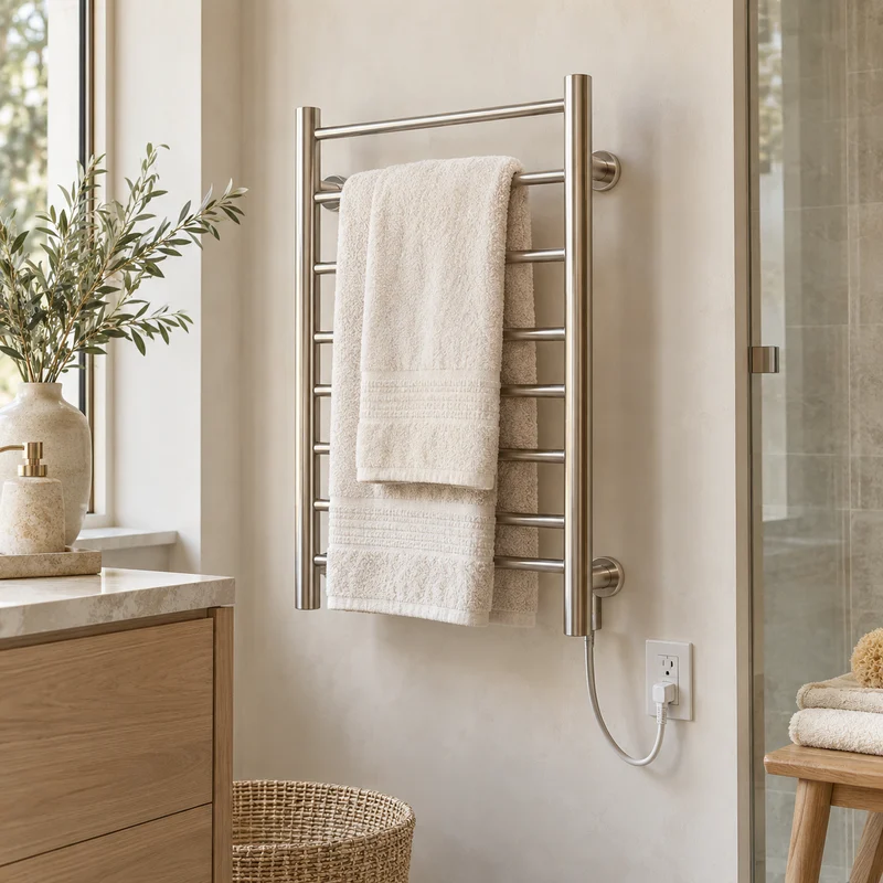 Illustrative Lux catalog scene: Install Plug-In Towel Warmer