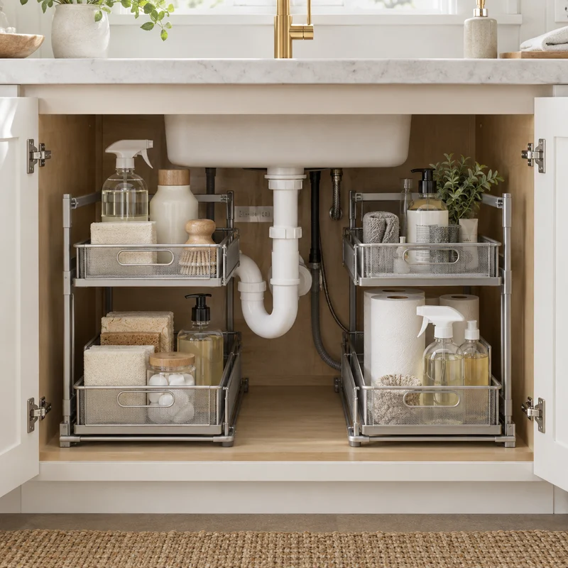 Illustrative Lux catalog scene: Install Under-Sink Organizer