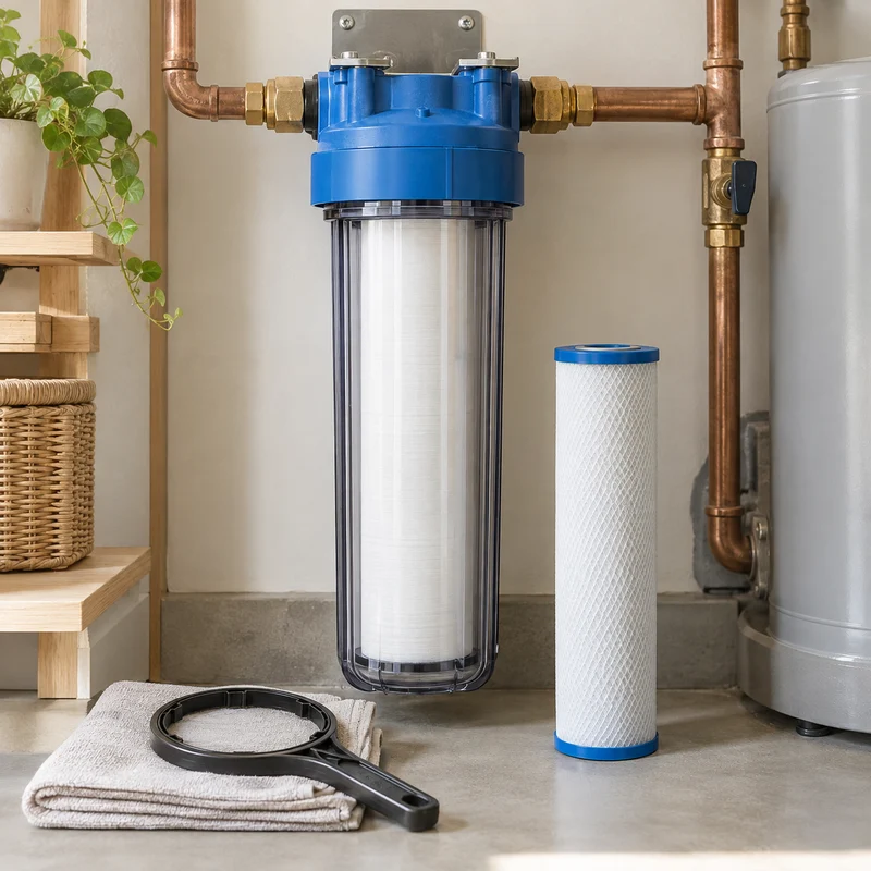 Illustrative Lux catalog scene: Replace Accessible Whole-House Filter Cartridge