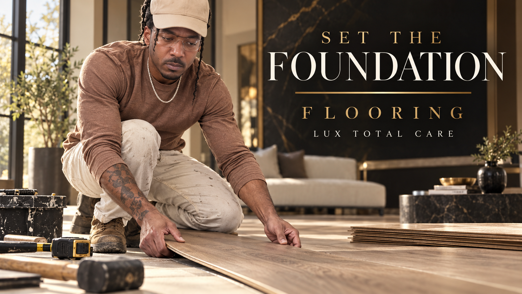 Lux campaign artwork: From the ground up. Flooring installation.